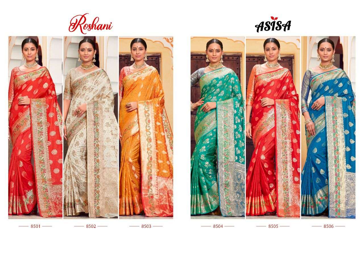 ROSHANI BY ASISA 8501 TO 8506 SERIES INDIAN TRADITIONAL WEAR COLLECTION BEAUTIFUL STYLISH FANCY COLORFUL PARTY WEAR & OCCASIONAL WEAR BANARASI SILK SAREES AT WHOLESALE PRICE