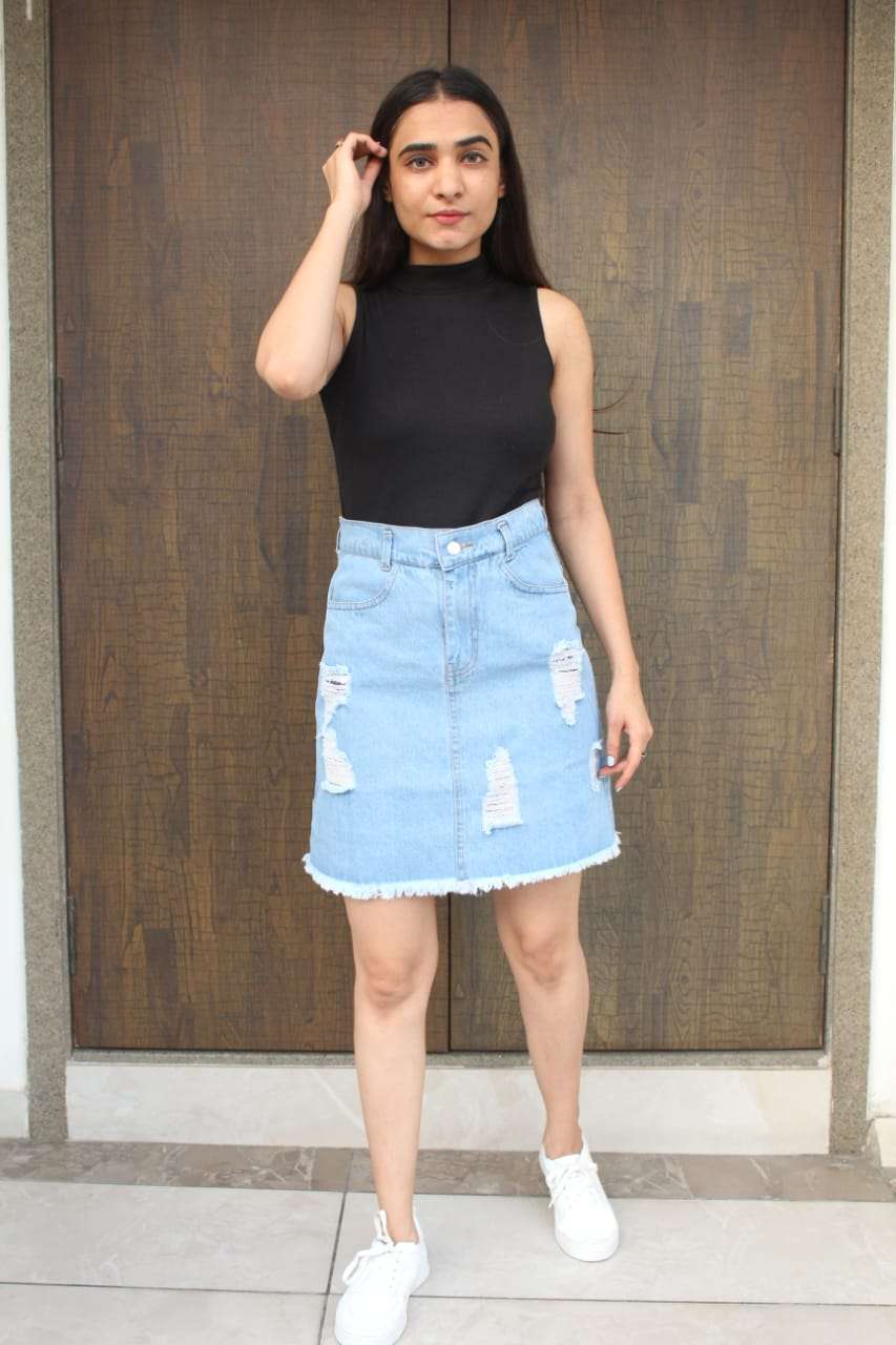 DENIM FUNKY SKIRT BY KAAMIRI 01 TO 02 SERIES BEAUTIFUL STYLISH FANCY COLORFUL PARTY WEAR & ETHNIC WEAR DENIM SKIRT AT WHOLESALE PRICE