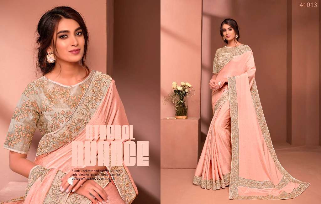 MODERN VIBES BY INDO VASTRA 41004 TO 41019 SERIES INDIAN TRADITIONAL WEAR COLLECTION BEAUTIFUL STYLISH FANCY COLORFUL PARTY WEAR & OCCASIONAL WEAR SATIN/SILK SAREES AT WHOLESALE PRICE