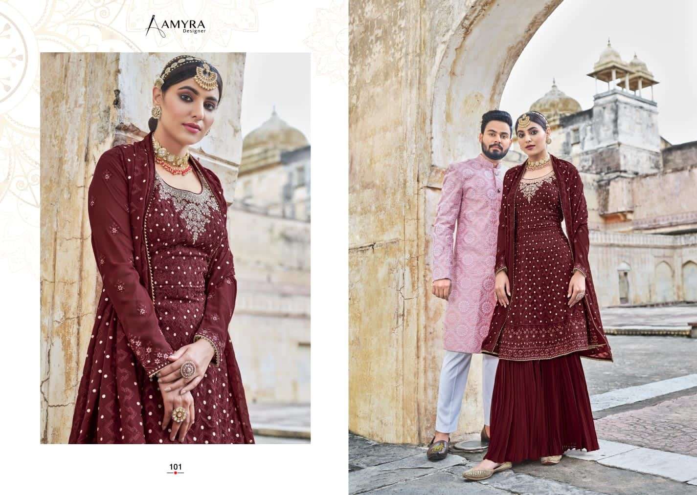 Ruby By Amyra Designer 101 To 105 Series Beautiful Stylish Sharara Suits Fancy Colorful Casual Wear & Ethnic Wear & Ready To Wear Heavy Blooming Georgette Dresses At Wholesale Price