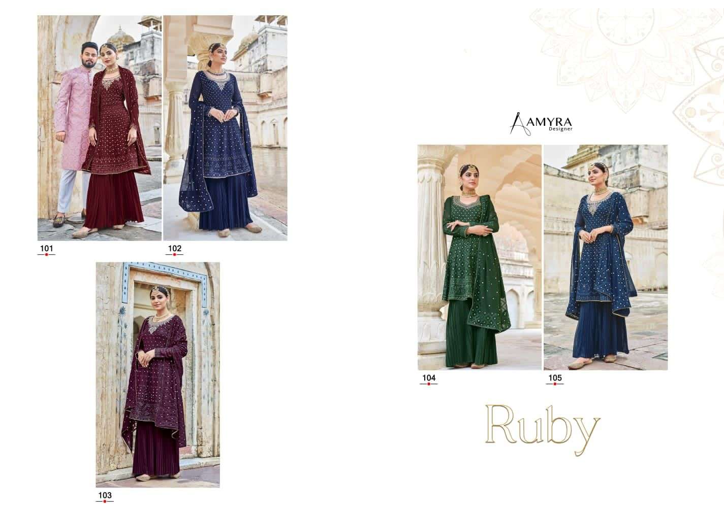 Ruby By Amyra Designer 101 To 105 Series Beautiful Stylish Sharara Suits Fancy Colorful Casual Wear & Ethnic Wear & Ready To Wear Heavy Blooming Georgette Dresses At Wholesale Price