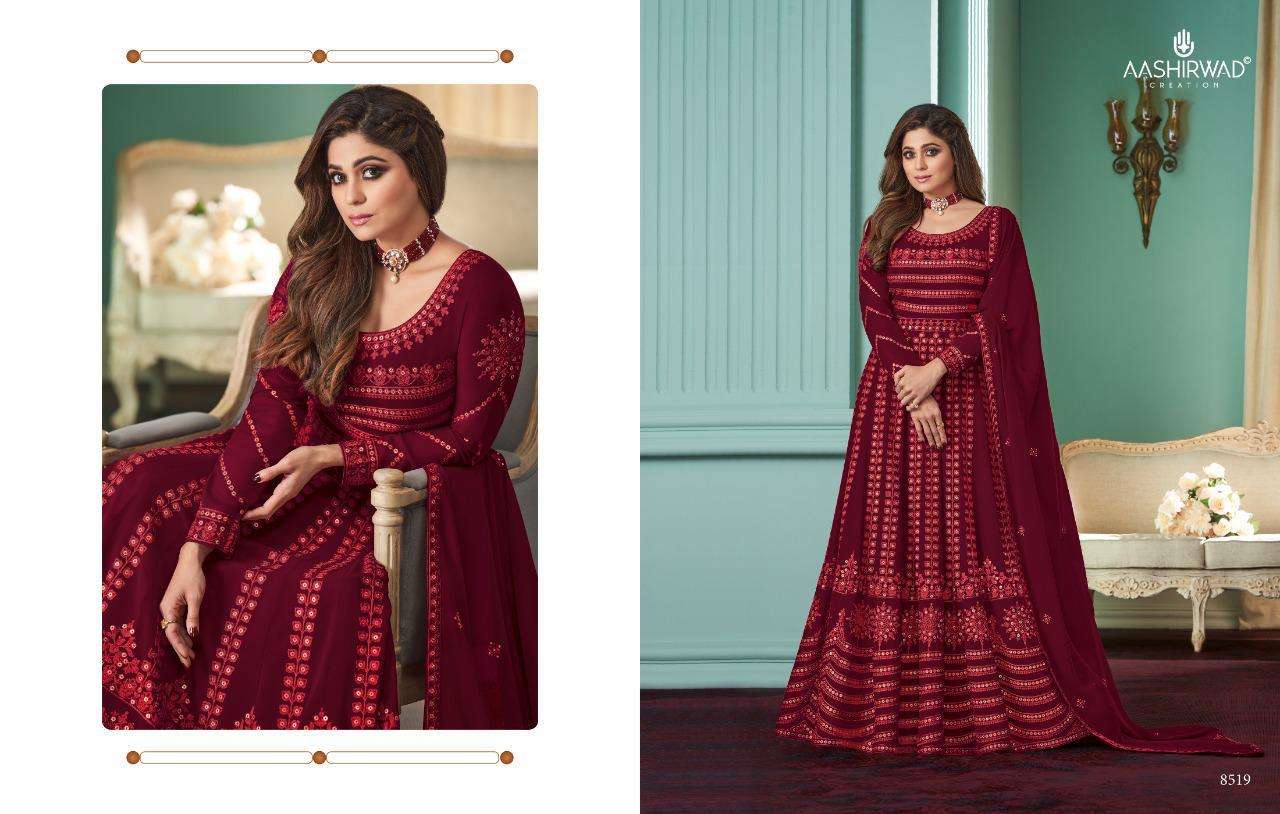 ROSE BY AASHIRWAD CREATION 8519 TO 8523 SERIES BEAUTIFUL STYLISH ANARKALI SUITS FANCY COLORFUL CASUAL WEAR & ETHNIC WEAR & READY TO WEAR REAL GEORGETTE DRESSES AT WHOLESALE PRICE