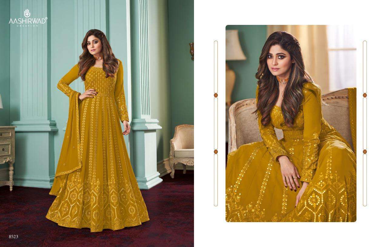 ROSE BY AASHIRWAD CREATION 8519 TO 8523 SERIES BEAUTIFUL STYLISH ANARKALI SUITS FANCY COLORFUL CASUAL WEAR & ETHNIC WEAR & READY TO WEAR REAL GEORGETTE DRESSES AT WHOLESALE PRICE