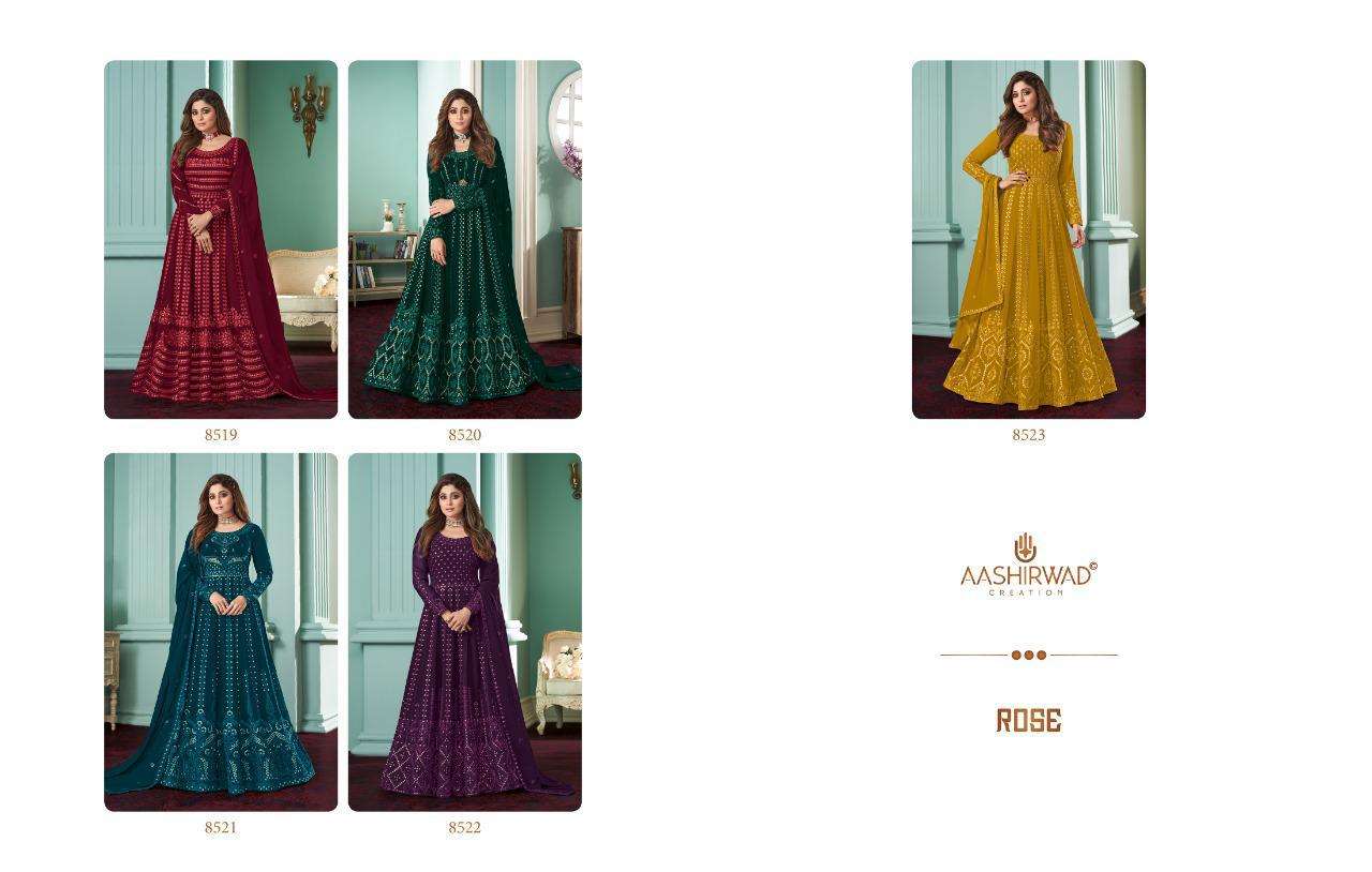 ROSE BY AASHIRWAD CREATION 8519 TO 8523 SERIES BEAUTIFUL STYLISH ANARKALI SUITS FANCY COLORFUL CASUAL WEAR & ETHNIC WEAR & READY TO WEAR REAL GEORGETTE DRESSES AT WHOLESALE PRICE