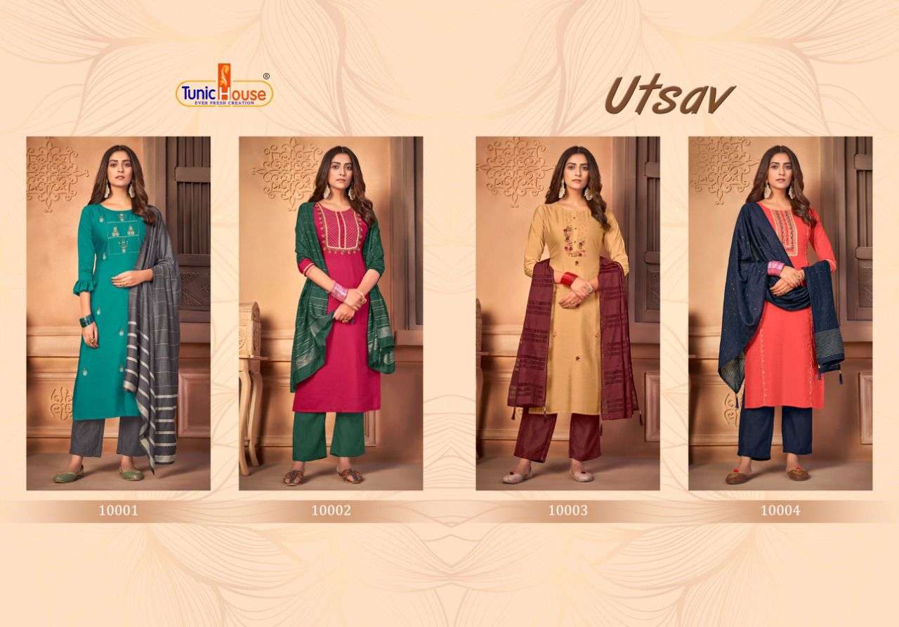 UTSAV BY TUNIC HOUSE 10001 TO 10004 SERIES BEAUTIFUL SUITS COLORFUL STYLISH FANCY CASUAL WEAR & ETHNIC WEAR PREMIUM SILK DRESSES AT WHOLESALE PRICE
