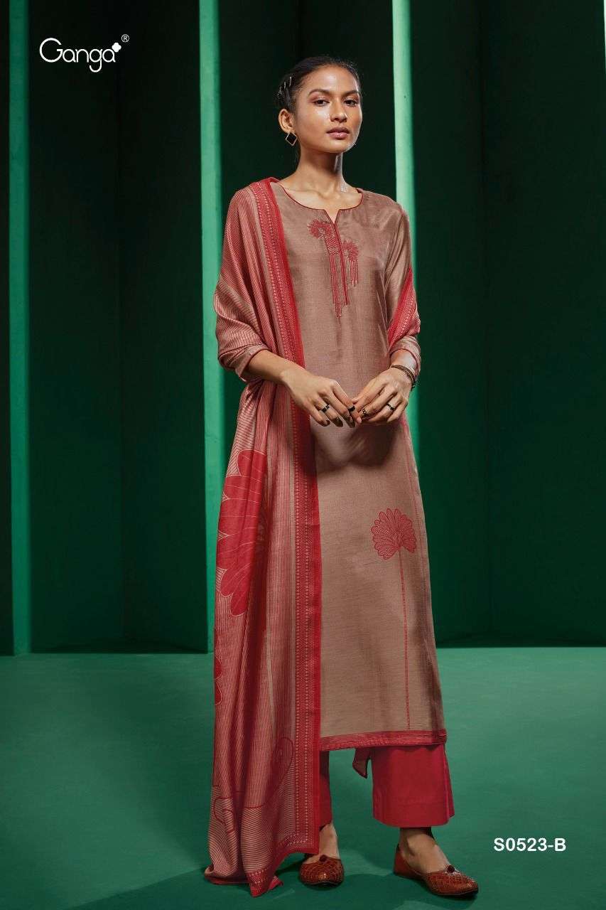 KOVA-523 BY GANGA FASHION 523-A TO 523-D SERIES BEAUTIFUL SUITS COLORFUL STYLISH FANCY CASUAL WEAR & ETHNIC WEAR BEMBERG SILK PRINT WITH EMBROIDERY WORK DRESSES AT WHOLESALE PRICE