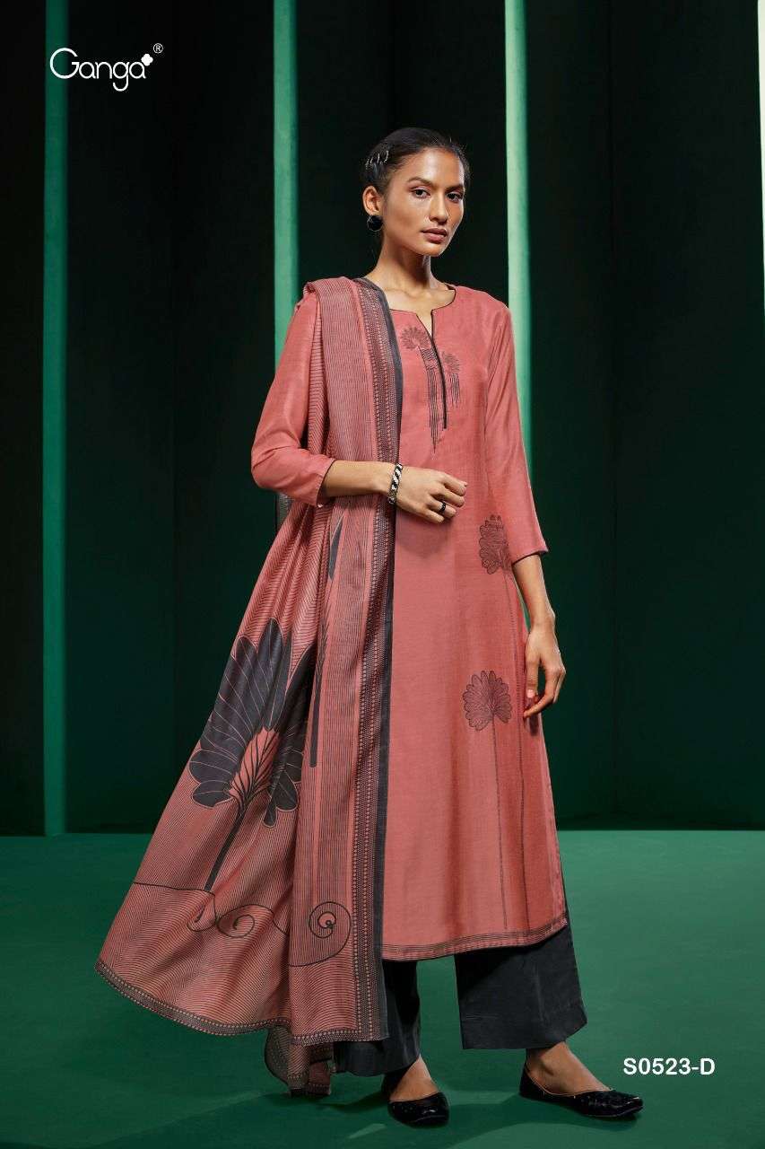 KOVA-523 BY GANGA FASHION 523-A TO 523-D SERIES BEAUTIFUL SUITS COLORFUL STYLISH FANCY CASUAL WEAR & ETHNIC WEAR BEMBERG SILK PRINT WITH EMBROIDERY WORK DRESSES AT WHOLESALE PRICE