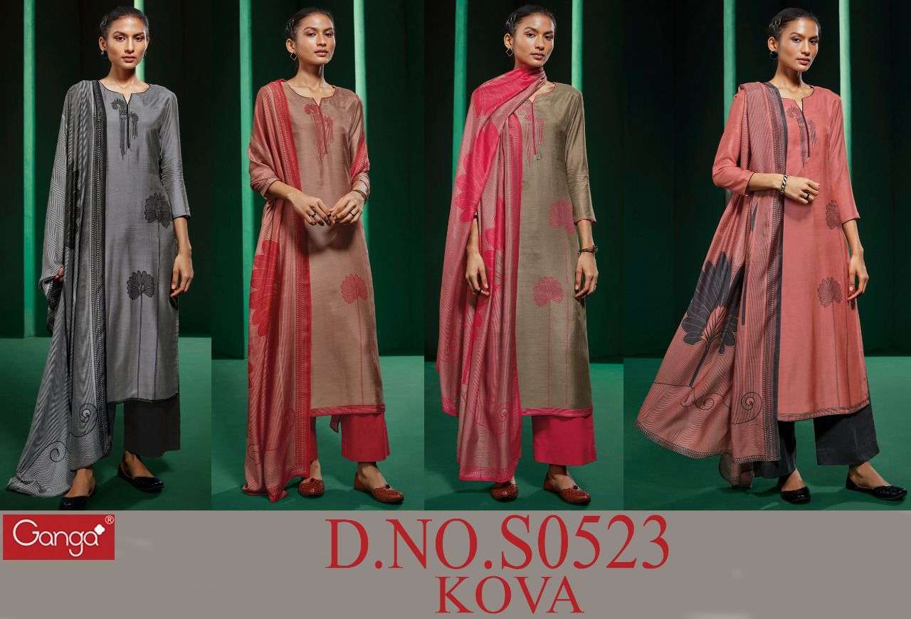 KOVA-523 BY GANGA FASHION 523-A TO 523-D SERIES BEAUTIFUL SUITS COLORFUL STYLISH FANCY CASUAL WEAR & ETHNIC WEAR BEMBERG SILK PRINT WITH EMBROIDERY WORK DRESSES AT WHOLESALE PRICE