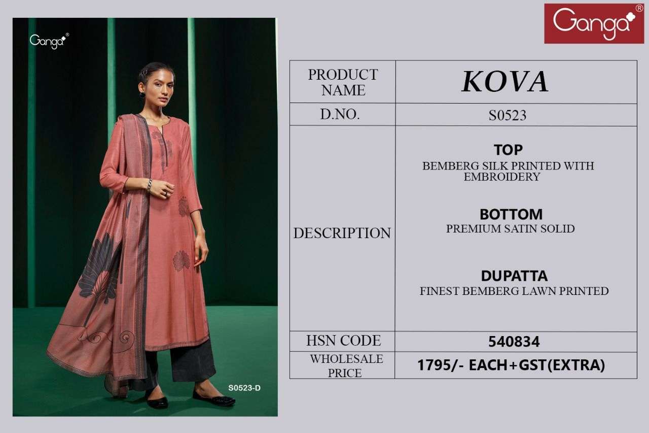 KOVA-523 BY GANGA FASHION 523-A TO 523-D SERIES BEAUTIFUL SUITS COLORFUL STYLISH FANCY CASUAL WEAR & ETHNIC WEAR BEMBERG SILK PRINT WITH EMBROIDERY WORK DRESSES AT WHOLESALE PRICE