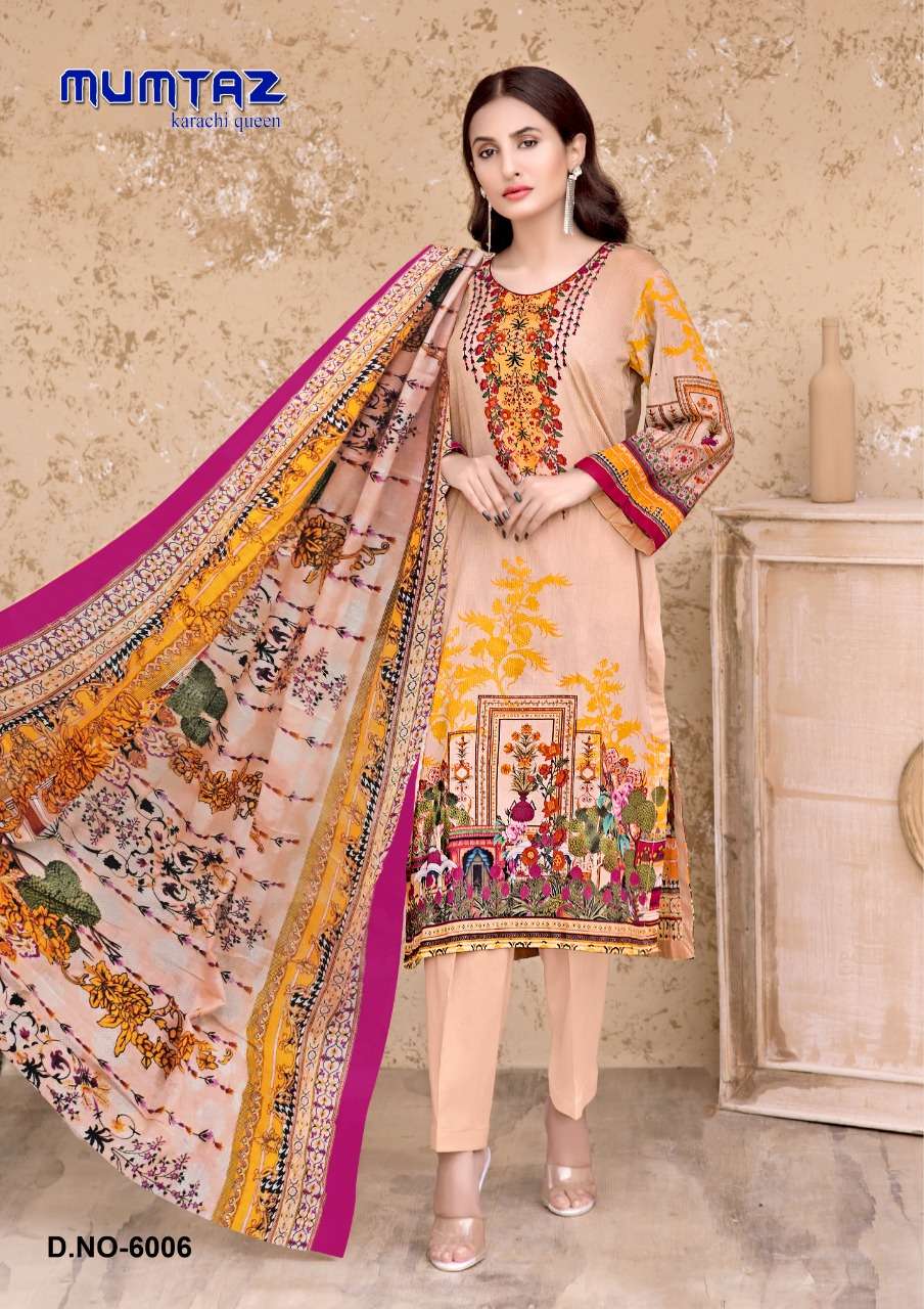 MUMTAZ VOL-6 BY MADHAV FASHION 6001 TO 6006 SERIES INDIAN TRADITIONAL WEAR COLLECTION BEAUTIFUL STYLISH FANCY COLORFUL PARTY WEAR & OCCASIONAL WEAR PURE COTTON PRINT DRESSES AT WHOLESALE PRICE