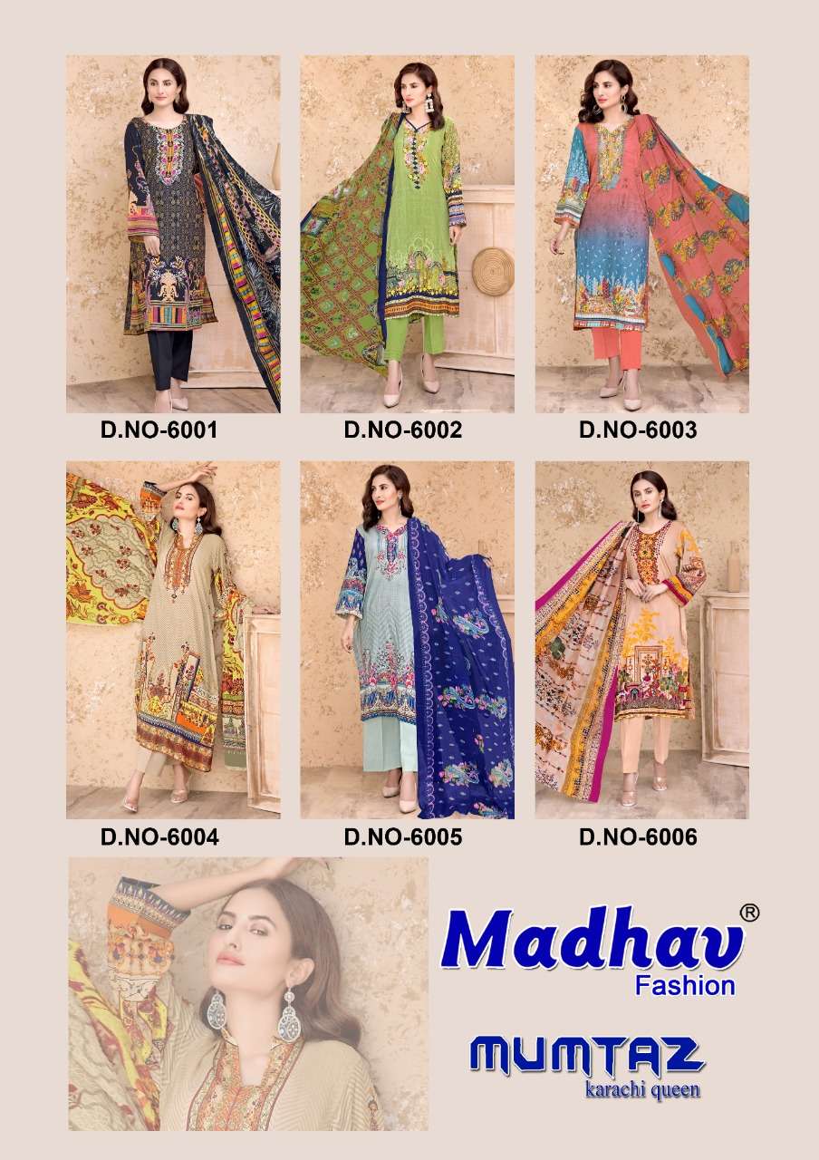 MUMTAZ VOL-6 BY MADHAV FASHION 6001 TO 6006 SERIES INDIAN TRADITIONAL WEAR COLLECTION BEAUTIFUL STYLISH FANCY COLORFUL PARTY WEAR & OCCASIONAL WEAR PURE COTTON PRINT DRESSES AT WHOLESALE PRICE