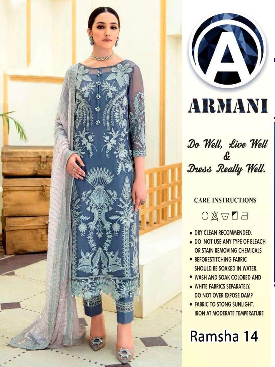 RAMSHA 14 BY ARMANI PAKISTANI SUITS BEAUTIFUL FANCY COLORFUL STYLISH PARTY WEAR & OCCASIONAL WEAR BUTTERFLY NET WITH EMBROIDERY DRESSES AT WHOLESALE PRICE