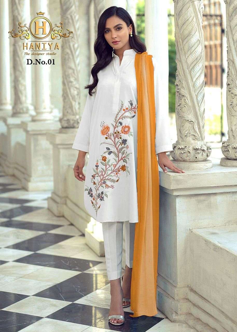 HANIYA 01 COLOURS VOL-2 BY HANIYA 01-E TO 01-F SERIES BEAUTIFUL PAKISTANI SUITS STYLISH FANCY COLORFUL PARTY WEAR & OCCASIONAL WEAR PURE COTTON SATIN DRESSES AT WHOLESALE PRICE