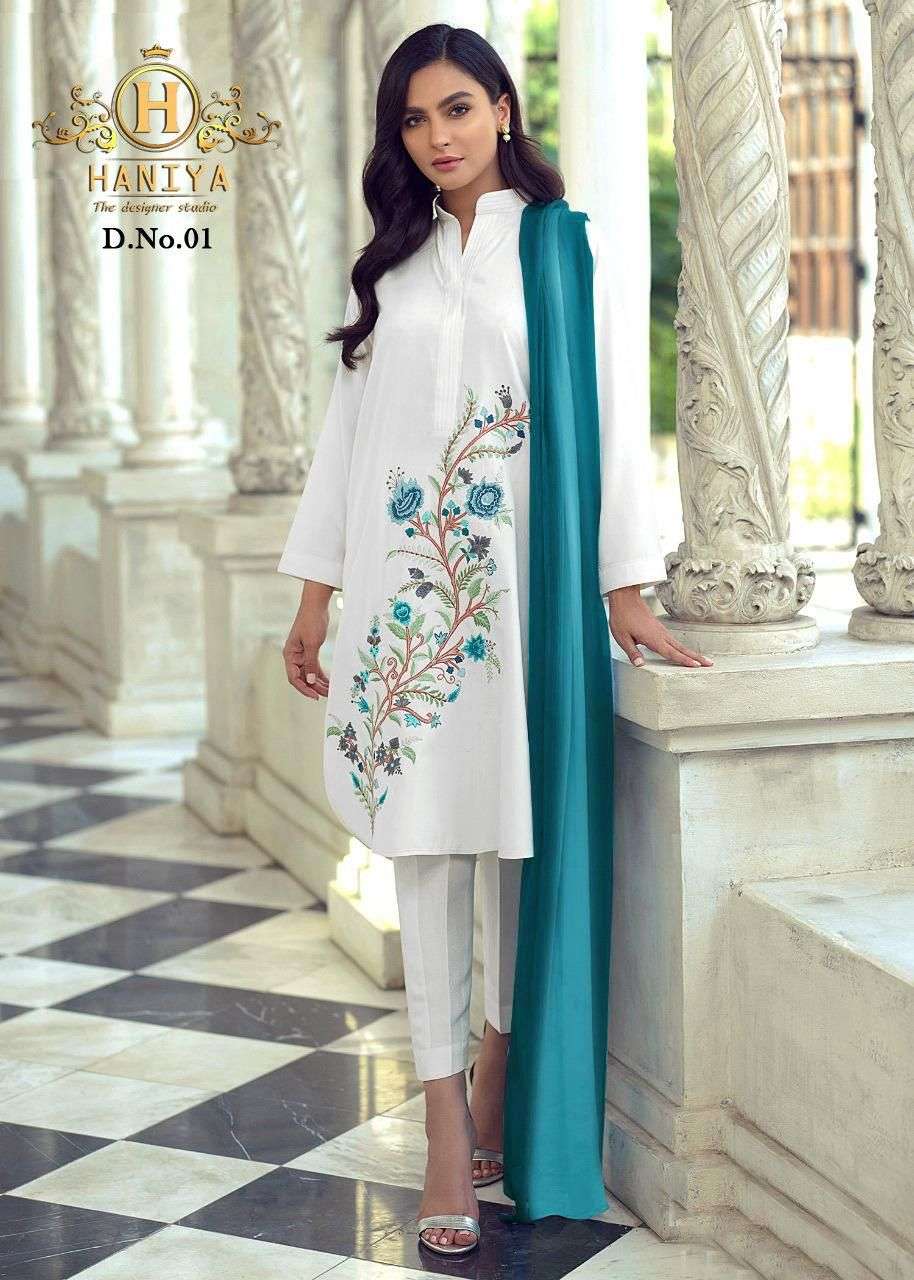 HANIYA 01 COLOURS VOL-2 BY HANIYA 01-E TO 01-F SERIES BEAUTIFUL PAKISTANI SUITS STYLISH FANCY COLORFUL PARTY WEAR & OCCASIONAL WEAR PURE COTTON SATIN DRESSES AT WHOLESALE PRICE