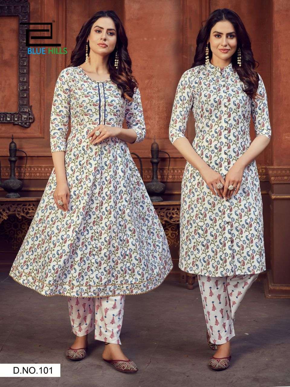 FUSION BY BLUE HILLS 101 TO 106 SERIES DESIGNER STYLISH FANCY COLORFUL BEAUTIFUL PARTY WEAR & ETHNIC WEAR COLLECTION COTTON CAMBRIC PRINT KURTIS WITH BOTTOM AT WHOLESALE PRICE