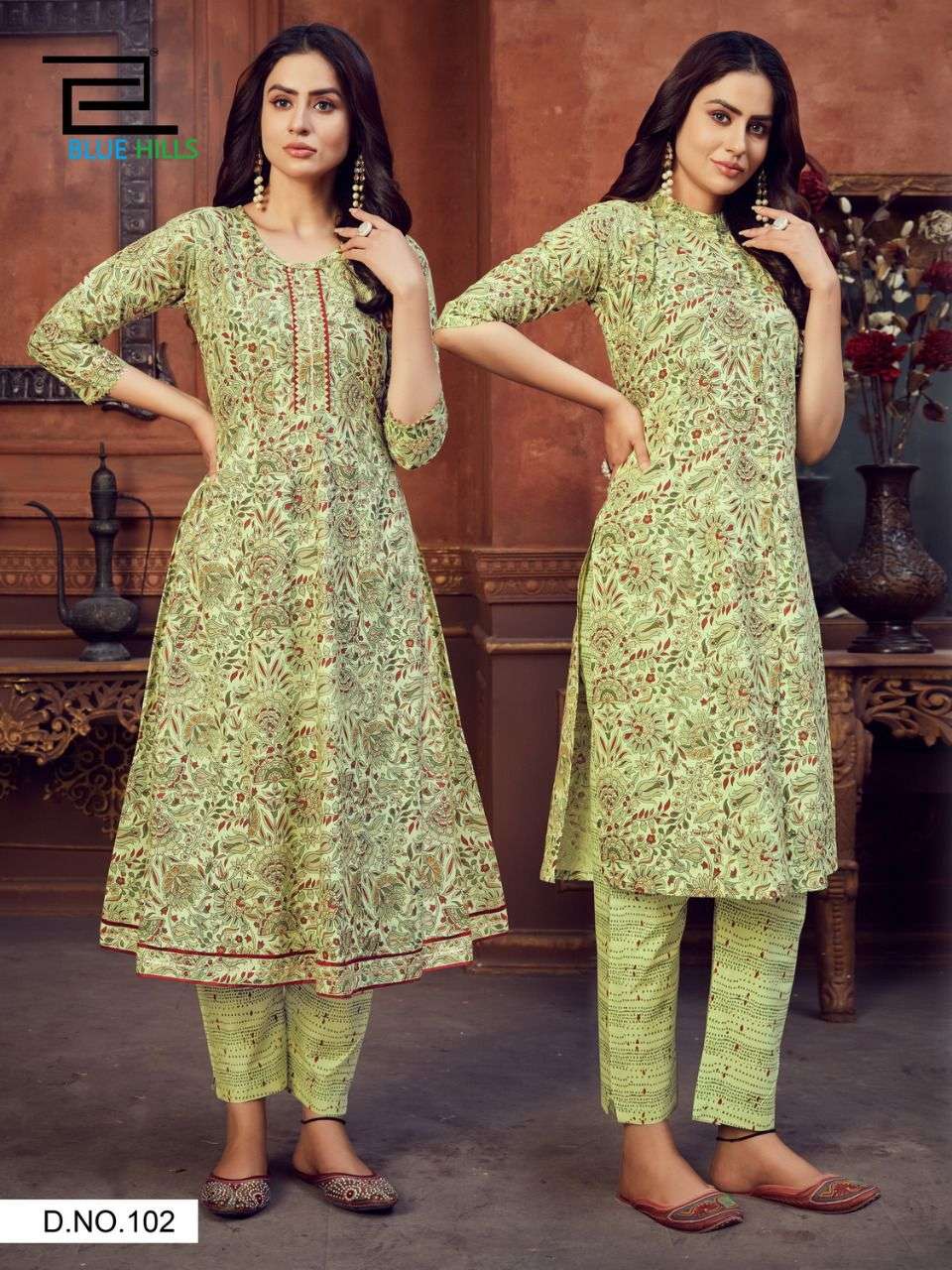 FUSION BY BLUE HILLS 101 TO 106 SERIES DESIGNER STYLISH FANCY COLORFUL BEAUTIFUL PARTY WEAR & ETHNIC WEAR COLLECTION COTTON CAMBRIC PRINT KURTIS WITH BOTTOM AT WHOLESALE PRICE