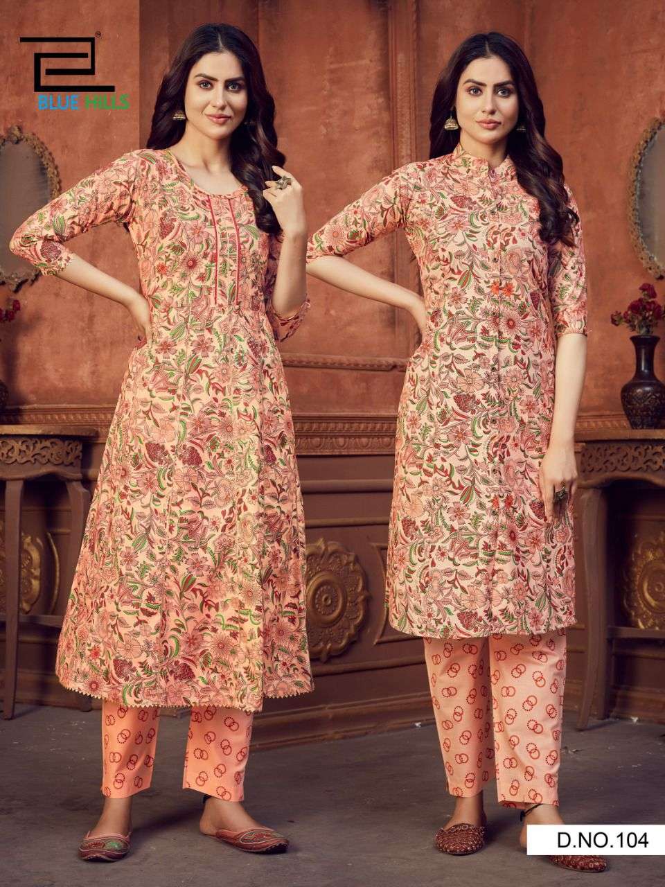 FUSION BY BLUE HILLS 101 TO 106 SERIES DESIGNER STYLISH FANCY COLORFUL BEAUTIFUL PARTY WEAR & ETHNIC WEAR COLLECTION COTTON CAMBRIC PRINT KURTIS WITH BOTTOM AT WHOLESALE PRICE
