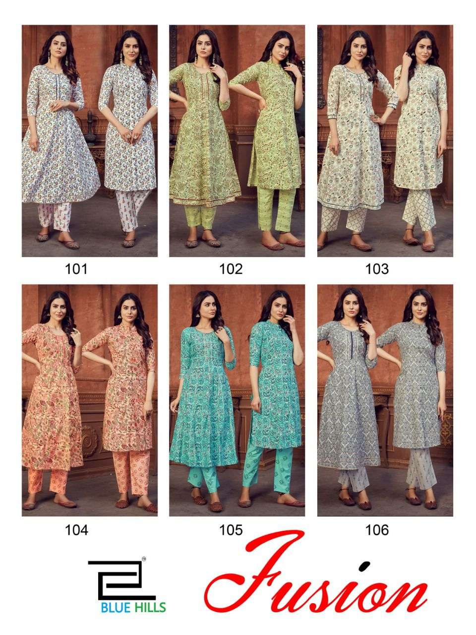 FUSION BY BLUE HILLS 101 TO 106 SERIES DESIGNER STYLISH FANCY COLORFUL BEAUTIFUL PARTY WEAR & ETHNIC WEAR COLLECTION COTTON CAMBRIC PRINT KURTIS WITH BOTTOM AT WHOLESALE PRICE