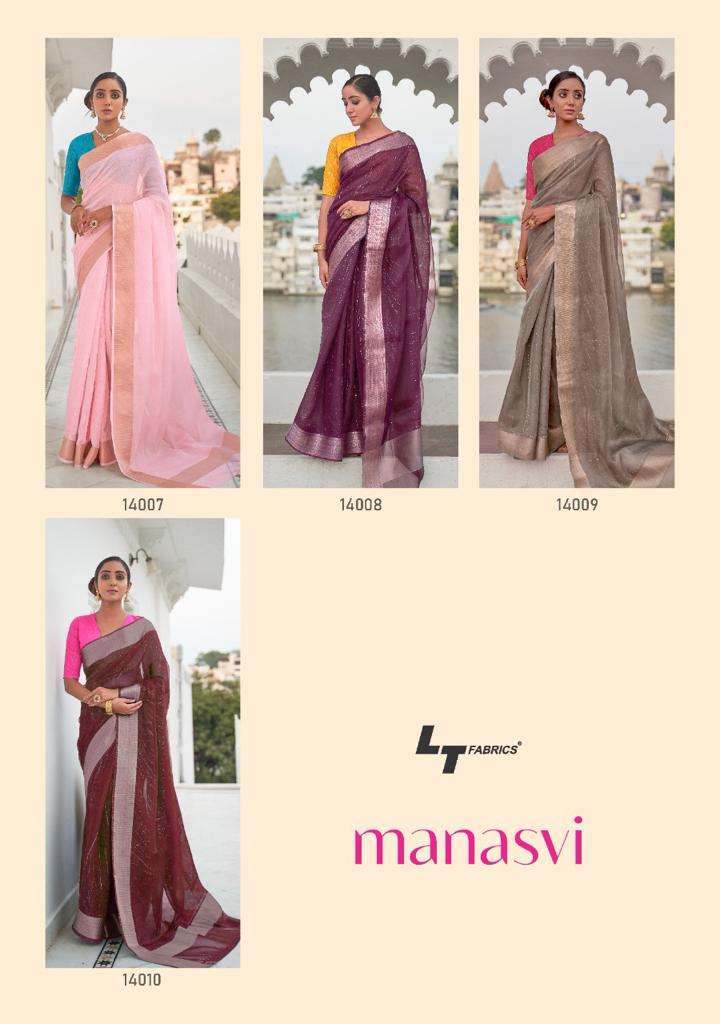 MANASVI BY LT FABRICS 14001 TO 14010 SERIES INDIAN TRADITIONAL WEAR COLLECTION BEAUTIFUL STYLISH FANCY COLORFUL PARTY WEAR & OCCASIONAL WEAR SOUBLE CLOTH ZARI SAREES AT WHOLESALE PRICE