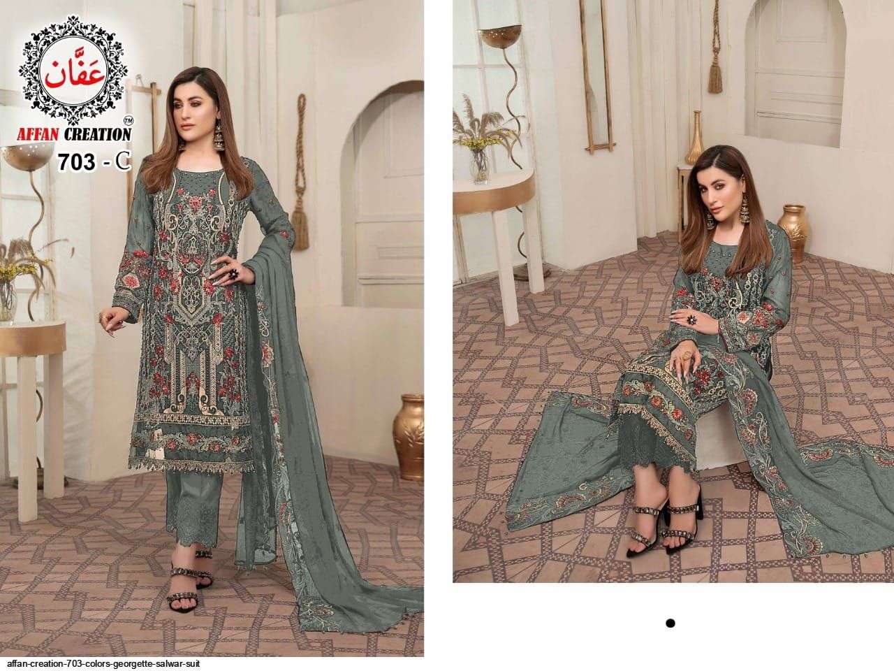 AFFAN CREATION 703 COLOURS BY AFFAN CREATION 703-A TO 703-D SERIES Z BEAUTIFUL PAKISTANI SUITS COLORFUL STYLISH FANCY CASUAL WEAR & ETHNIC WEAR FAUX GEORGETTE WITH EMBROIDERY DRESSES AT WHOLESALE PRICE