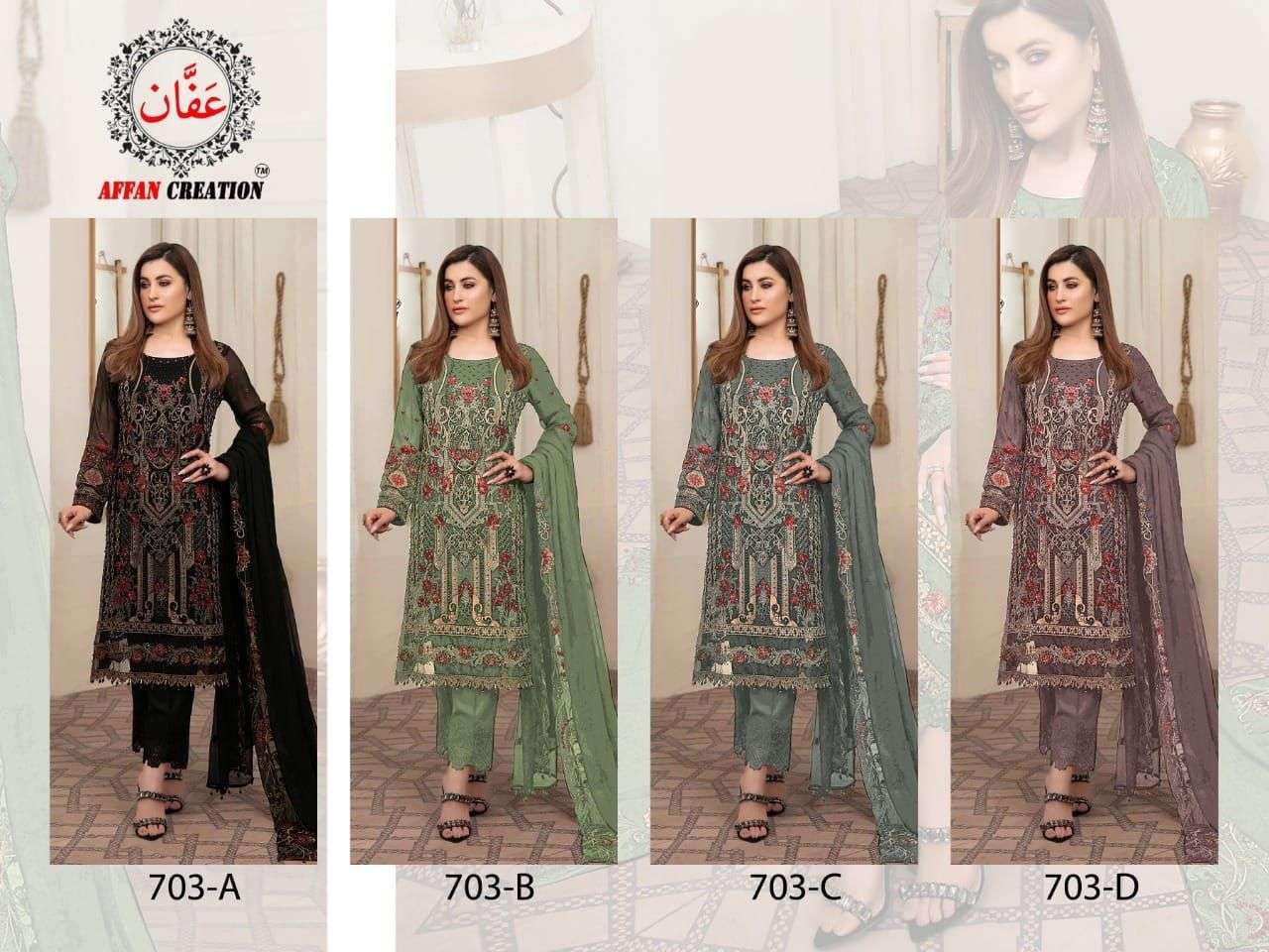 AFFAN CREATION 703 COLOURS BY AFFAN CREATION 703-A TO 703-D SERIES Z BEAUTIFUL PAKISTANI SUITS COLORFUL STYLISH FANCY CASUAL WEAR & ETHNIC WEAR FAUX GEORGETTE WITH EMBROIDERY DRESSES AT WHOLESALE PRICE