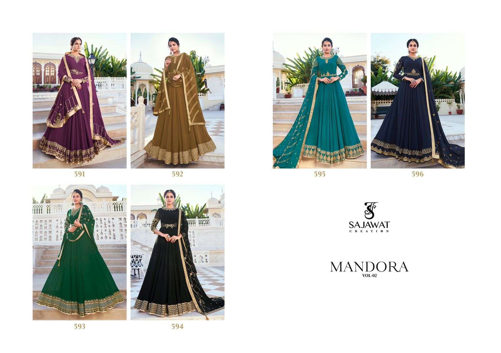 MANDORA VOL-2 BY SAJAWAT CREATION 591 TO 596 SERIES BEAUTIFUL ANARKALI SUITS COLORFUL STYLISH FANCY CASUAL WEAR & ETHNIC WEAR HEAVY BLOOMING DRESSES AT WHOLESALE PRICE