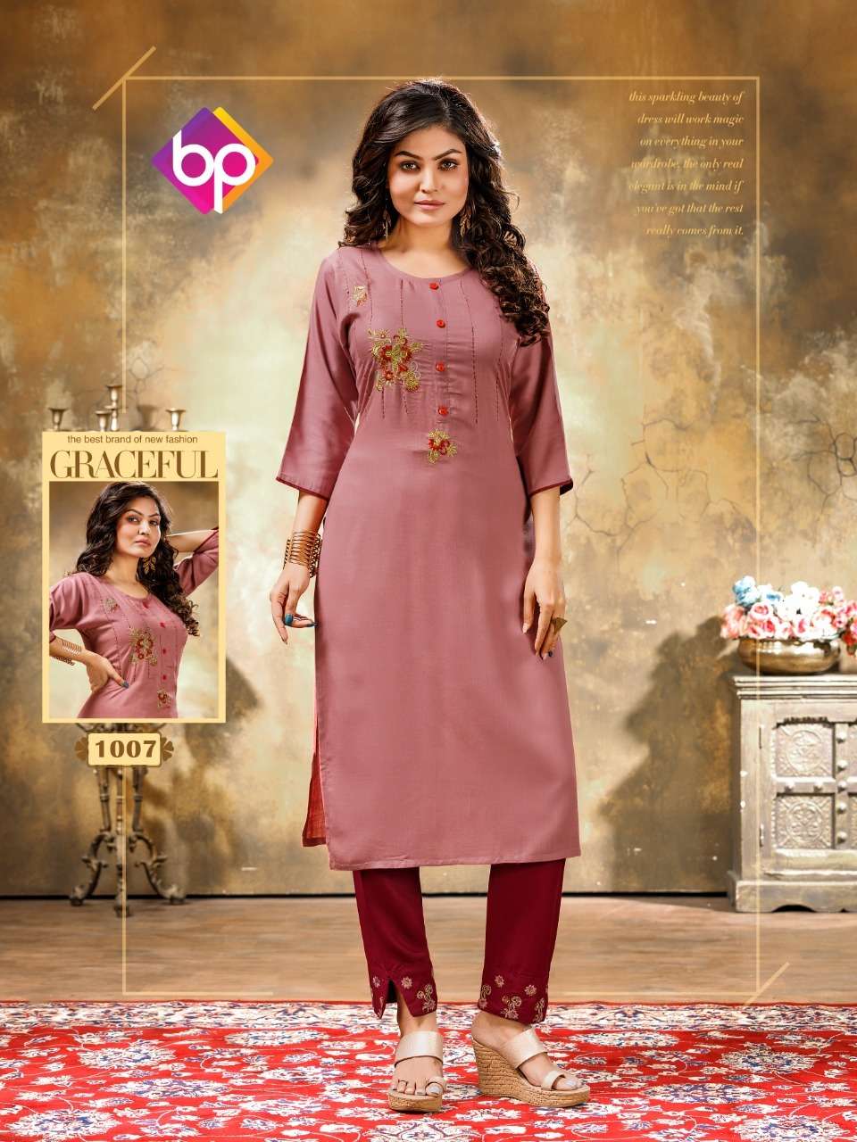 MASHAKALI BY BP 1001 TO 1008 SERIES STYLISH FANCY BEAUTIFUL COLORFUL CASUAL WEAR & ETHNIC WEAR RAYON SLUB EMBROIDERED KURTIS WITH BOTTOM AT WHOLESALE PRICE