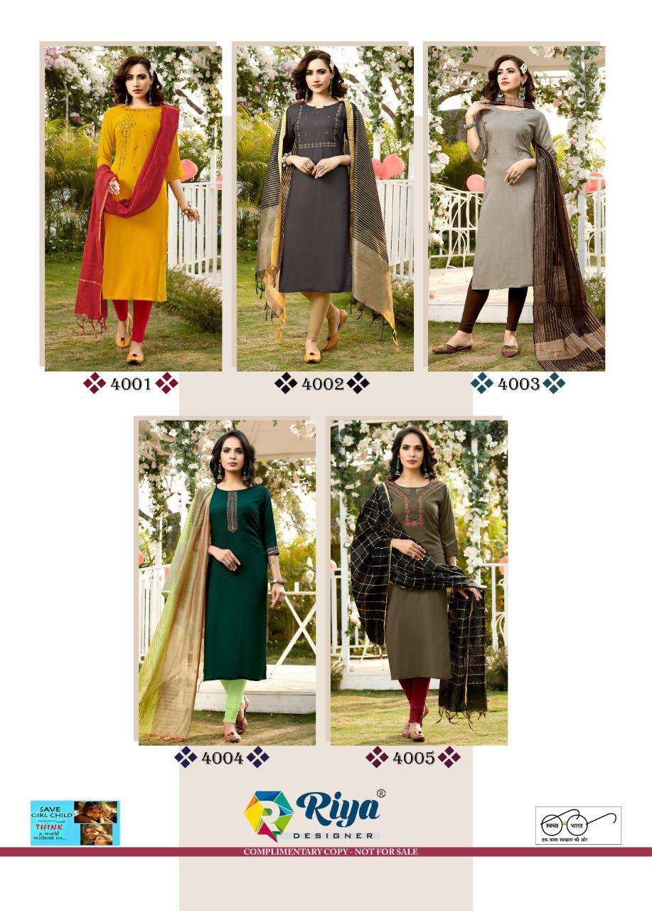 INAYAT VOL-4 BY RIYA DESIGNER 4001 TO 4005 SERIES DESIGNER STYLISH FANCY COLORFUL BEAUTIFUL PARTY WEAR & ETHNIC WEAR COLLECTION RAYON EMBROIDERY KURTIS WITH DUPATTA AT WHOLESALE PRICE
