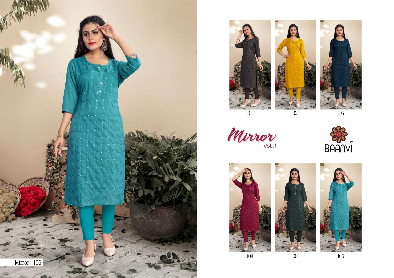 MIRROR BY BAANVI 101 TO 106 SERIES DESIGNER STYLISH FANCY COLORFUL BEAUTIFUL PARTY WEAR & ETHNIC WEAR COLLECTION RAYON SLUB WITH WORK KURTIS AT WHOLESALE PRICE