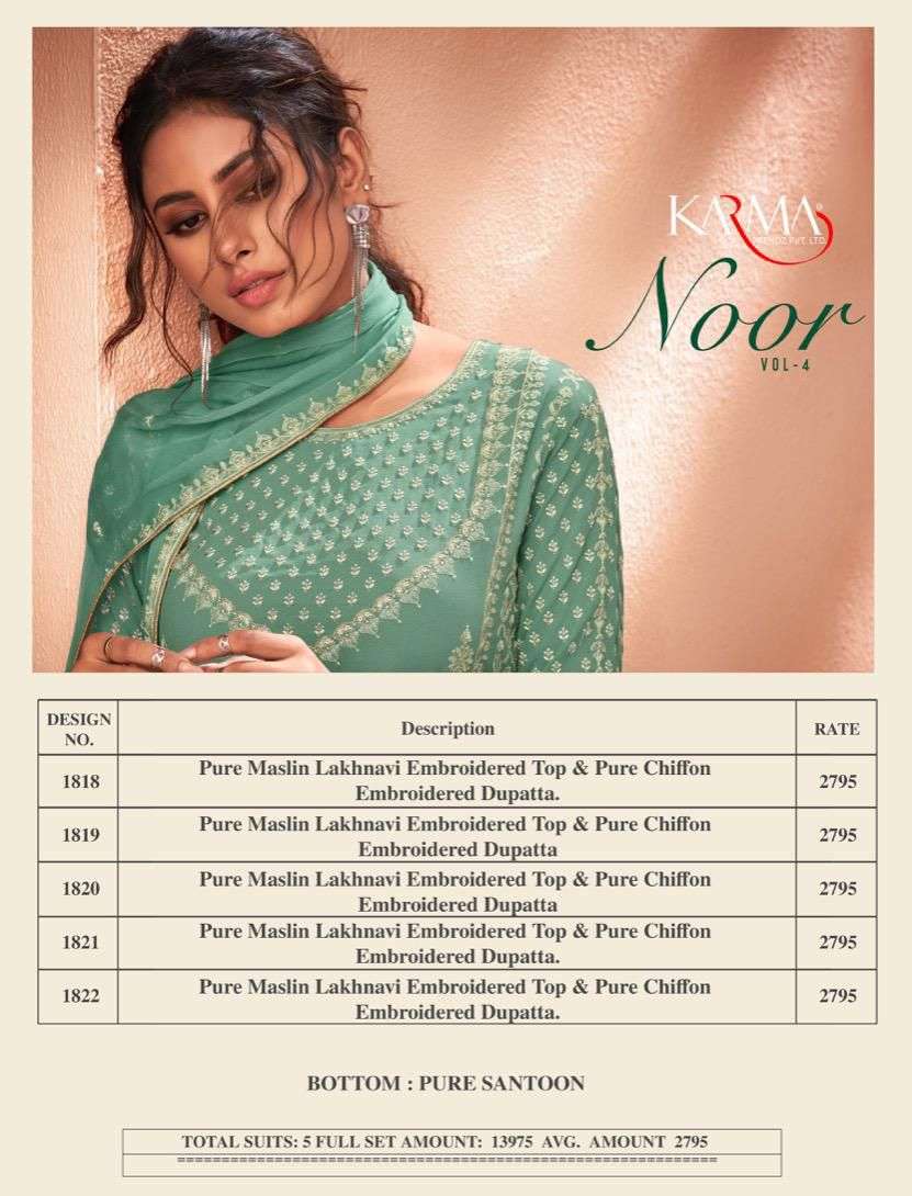 NOOR VOL-4 BY KARMA TRENDZ 1818 TO 1822 SERIES INDIAN TRADITIONAL WEAR COLLECTION BEAUTIFUL STYLISH FANCY COLORFUL PARTY WEAR & OCCASIONAL WEAR PURE MUSLIN EMBROIDERED DRESSES AT WHOLESALE PRICE