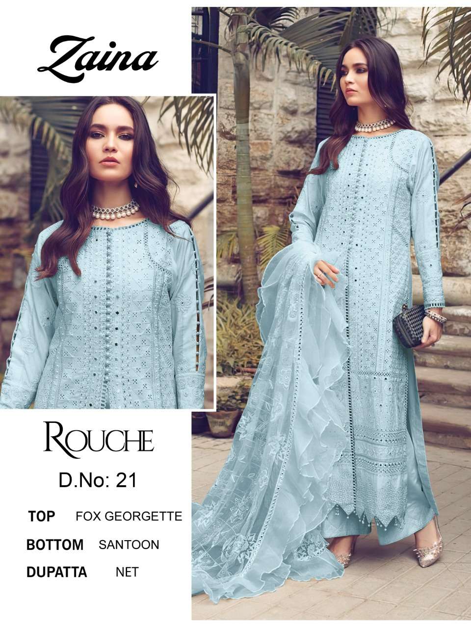 ZAINA VOL-2 BY ROUCHE 21 TO 24 SERIES DESIGNER PAKISTANI SUITS BEAUTIFUL STYLISH FANCY COLORFUL PARTY WEAR & OCCASIONAL WEAR FAUX GEORGETTE EMBROIDERED DRESSES AT WHOLESALE PRICE