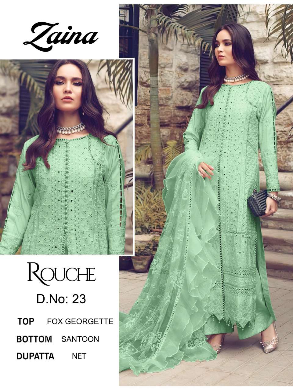 ZAINA VOL-2 BY ROUCHE 21 TO 24 SERIES DESIGNER PAKISTANI SUITS BEAUTIFUL STYLISH FANCY COLORFUL PARTY WEAR & OCCASIONAL WEAR FAUX GEORGETTE EMBROIDERED DRESSES AT WHOLESALE PRICE