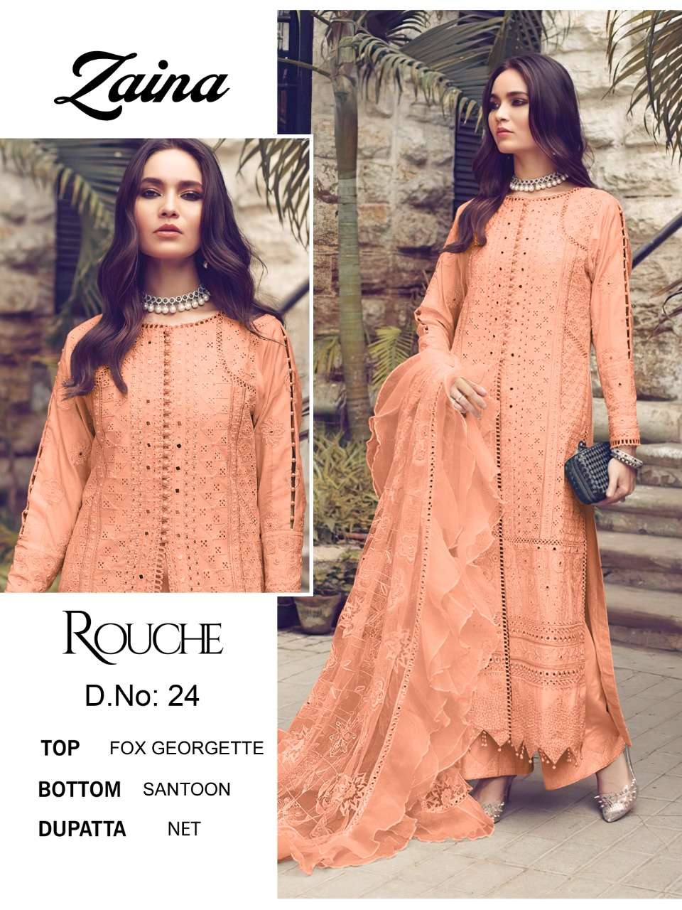 ZAINA VOL-2 BY ROUCHE 21 TO 24 SERIES DESIGNER PAKISTANI SUITS BEAUTIFUL STYLISH FANCY COLORFUL PARTY WEAR & OCCASIONAL WEAR FAUX GEORGETTE EMBROIDERED DRESSES AT WHOLESALE PRICE