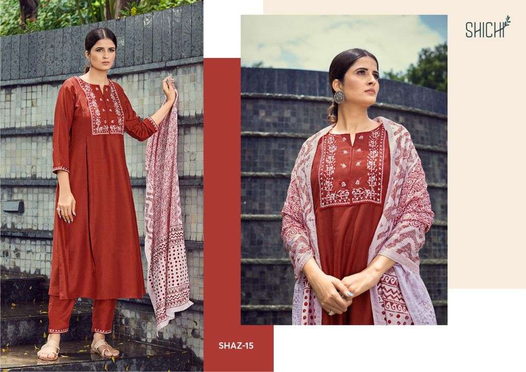 AZA BY SHICHI 13 TO 18 SERIES BEAUTIFUL SUITS COLORFUL STYLISH FANCY CASUAL WEAR & ETHNIC WEAR CHINNON EMBROIDERED DRESSES AT WHOLESALE PRICE