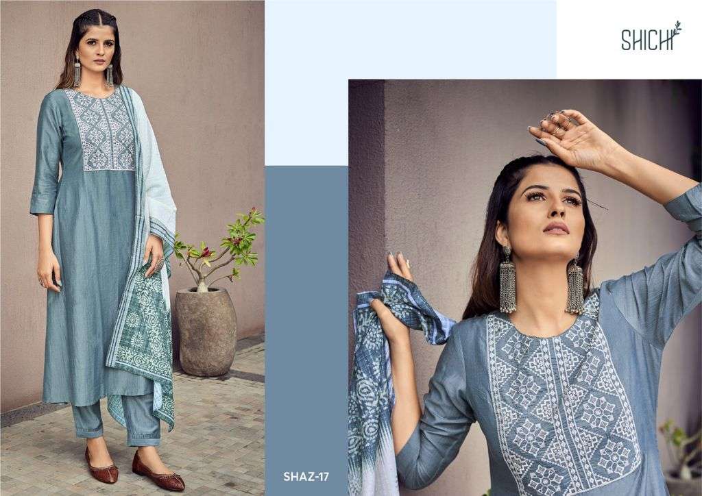 AZA BY SHICHI 13 TO 18 SERIES BEAUTIFUL SUITS COLORFUL STYLISH FANCY CASUAL WEAR & ETHNIC WEAR CHINNON EMBROIDERED DRESSES AT WHOLESALE PRICE