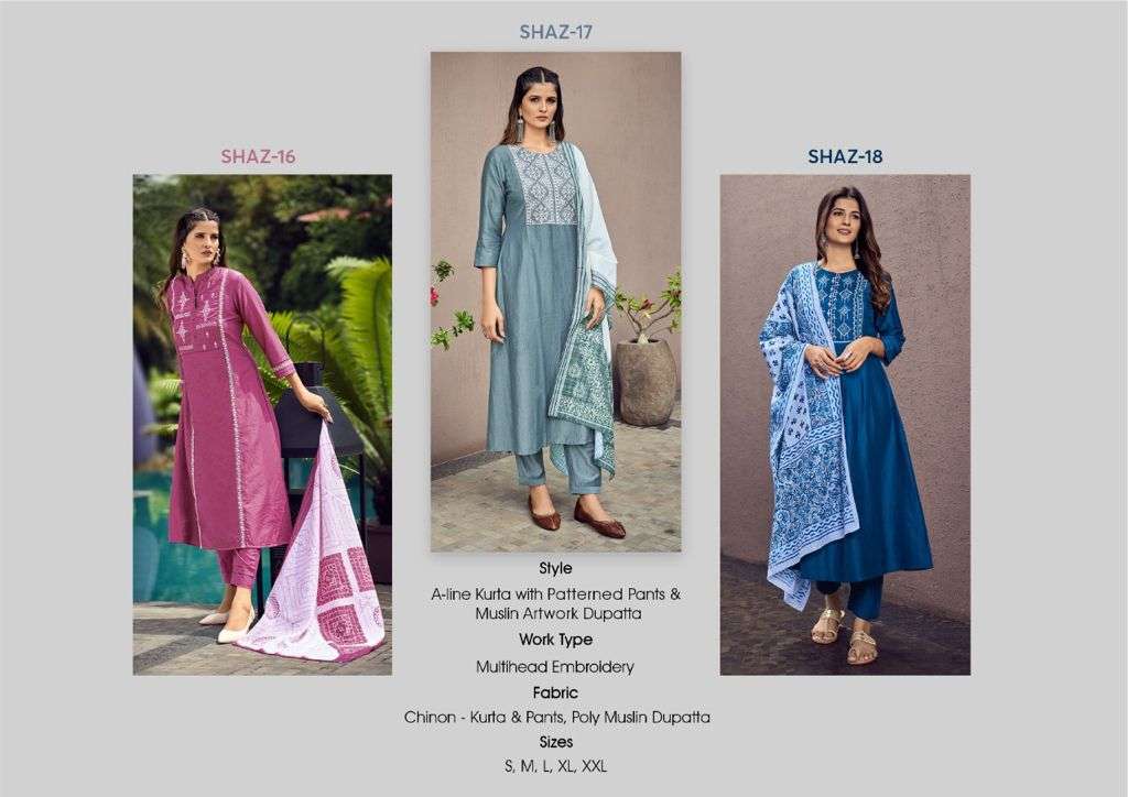 AZA BY SHICHI 13 TO 18 SERIES BEAUTIFUL SUITS COLORFUL STYLISH FANCY CASUAL WEAR & ETHNIC WEAR CHINNON EMBROIDERED DRESSES AT WHOLESALE PRICE