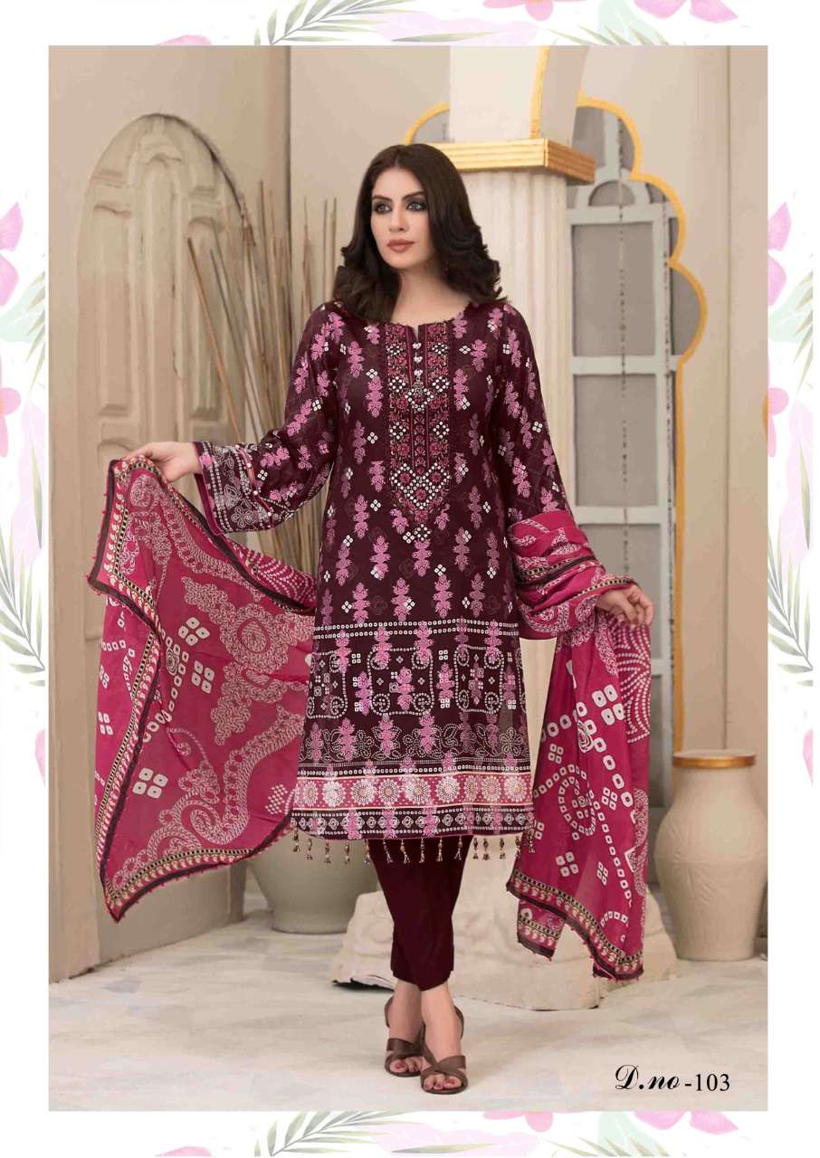 RANG NOOR BY OM FAB 101 TO 106 SERIES BEAUTIFUL SUITS COLORFUL STYLISH FANCY CASUAL WEAR & ETHNIC WEAR HEAVY COTTON PRINT DRESSES AT WHOLESALE PRICE