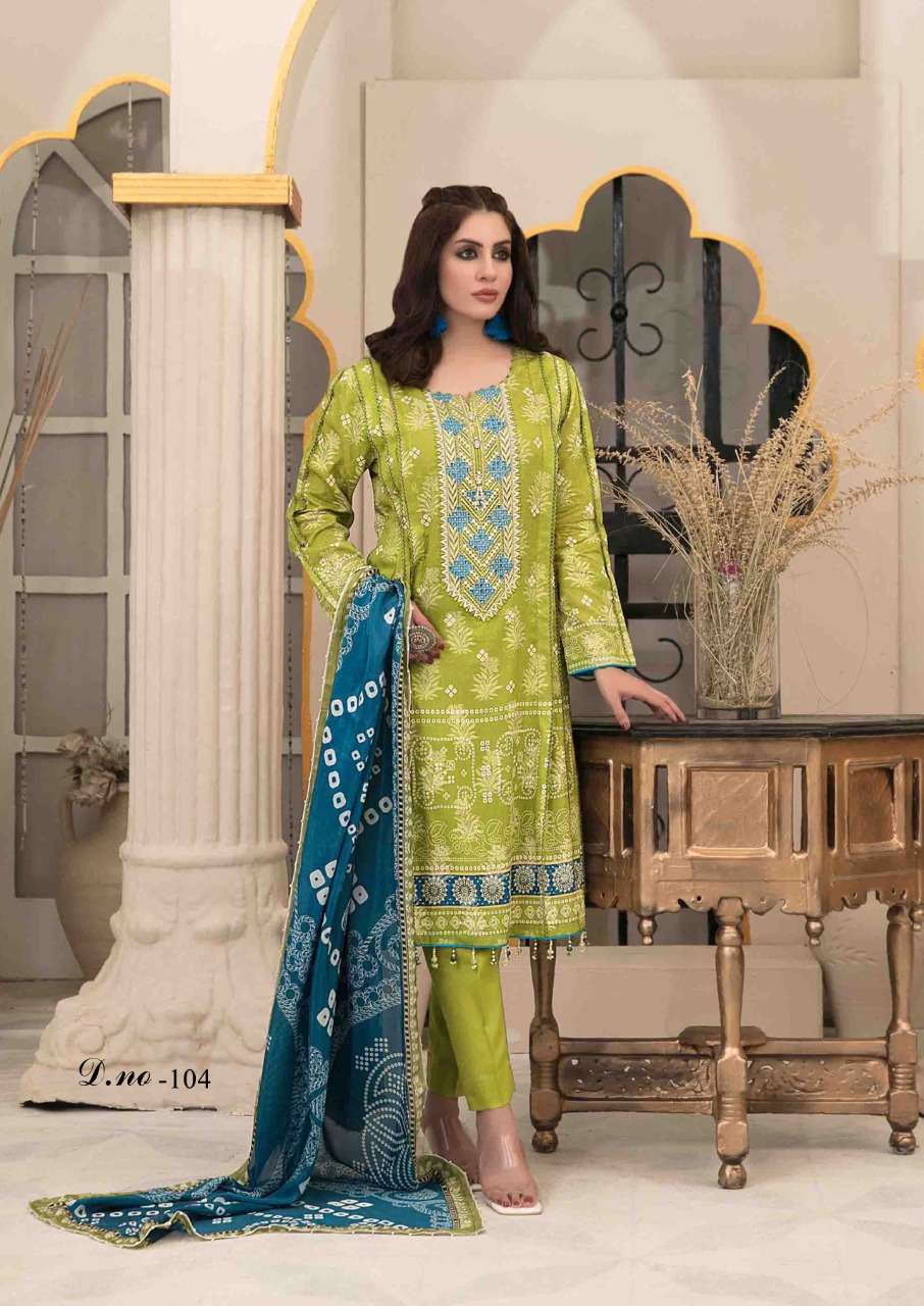 RANG NOOR BY OM FAB 101 TO 106 SERIES BEAUTIFUL SUITS COLORFUL STYLISH FANCY CASUAL WEAR & ETHNIC WEAR HEAVY COTTON PRINT DRESSES AT WHOLESALE PRICE