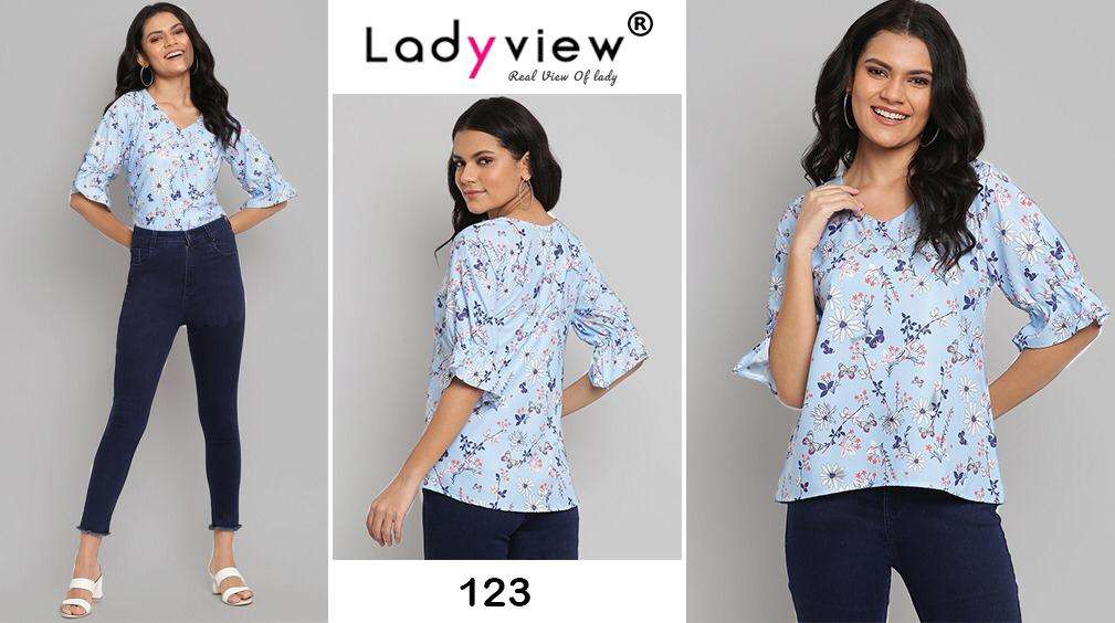 TOPSY VOL-4 BY LADY VIEW 114 TO 123 SERIES BEAUTIFUL COLORFUL STYLISH FANCY CASUAL WEAR & READY TO WEAR HEAVY AMERICAN CREPE DIGITAL PRINT TOPS AT WHOLESALE PRICE
