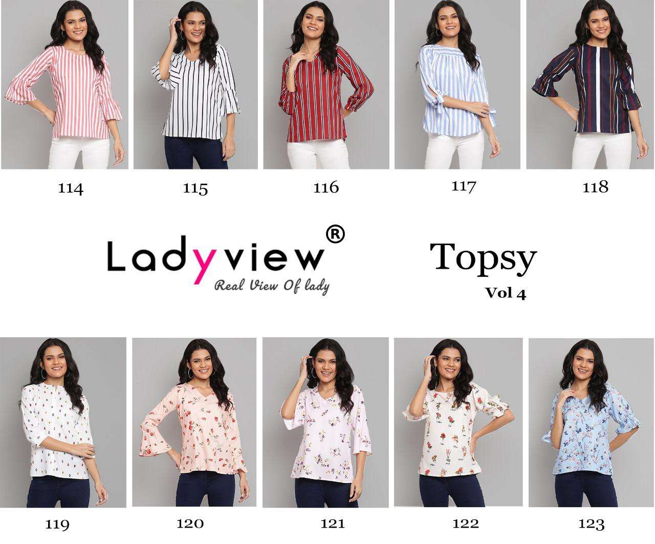 TOPSY VOL-4 BY LADY VIEW 114 TO 123 SERIES BEAUTIFUL COLORFUL STYLISH FANCY CASUAL WEAR & READY TO WEAR HEAVY AMERICAN CREPE DIGITAL PRINT TOPS AT WHOLESALE PRICE