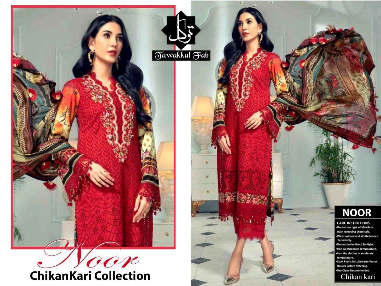 NOOR CHIKANKARI COLLECTION BY TAWAKKAL FAB 01 TO 02 SERIES PAKISTANI SUITS BEAUTIFUL FANCY COLORFUL STYLISH PARTY WEAR & OCCASIONAL WEAR PURE CAMBRIC COTTON WITH EMBROIDERY DRESSES AT WHOLESALE PRICE