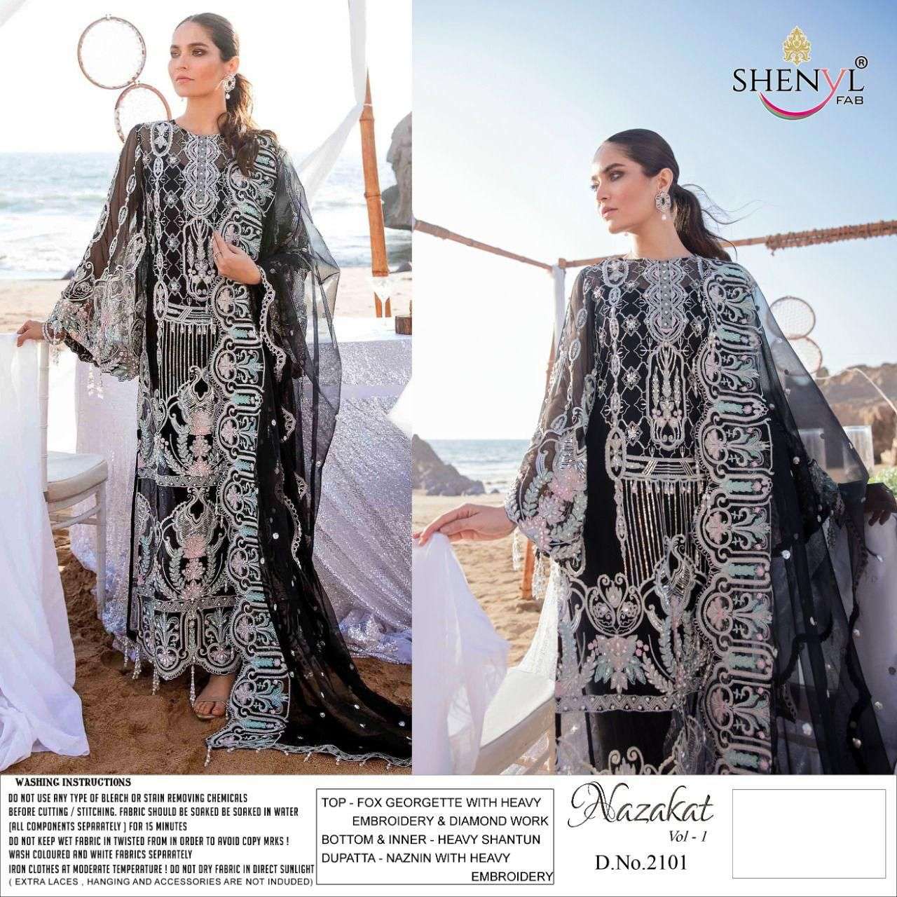 NAZAKAT VOL-1 BY SHENYL FAB 2101 TO 2104 SERIES DESIGNER PAKISTANI SUITS BEAUTIFUL STYLISH FANCY COLORFUL PARTY WEAR & OCCASIONAL WEAR FAUX GEORGETTE EMBROIDERED DRESSES AT WHOLESALE PRICE