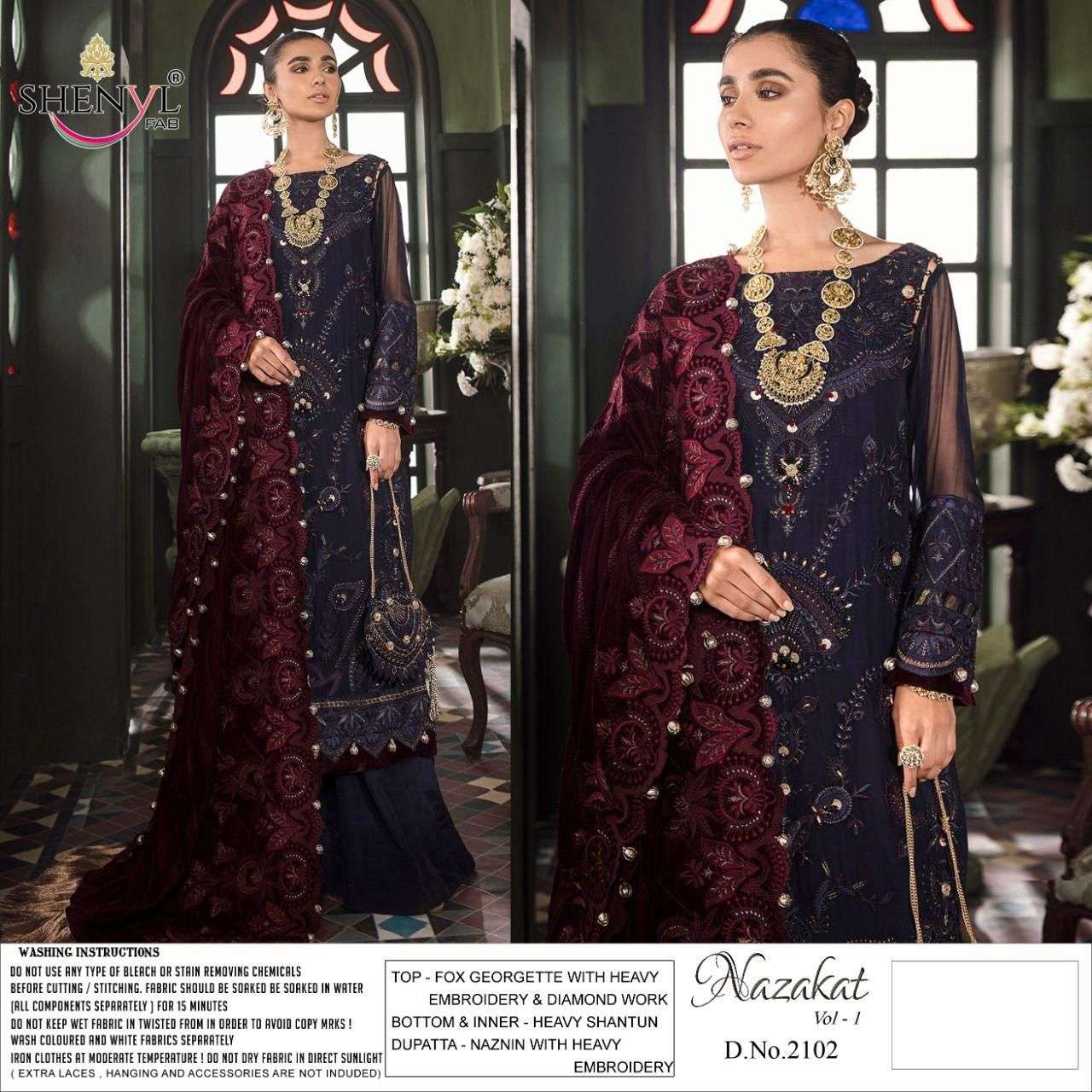 NAZAKAT VOL-1 BY SHENYL FAB 2101 TO 2104 SERIES DESIGNER PAKISTANI SUITS BEAUTIFUL STYLISH FANCY COLORFUL PARTY WEAR & OCCASIONAL WEAR FAUX GEORGETTE EMBROIDERED DRESSES AT WHOLESALE PRICE