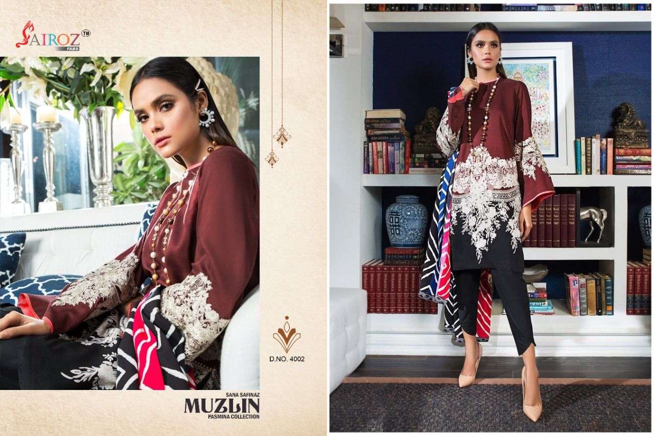 SANA SAFINAZ MUZLIN PASHMINA COLLECTION BY SAIROZ FABS 4001 TO 4002 SERIES PAKISTANI STYLISH BEAUTIFUL COLOURFUL PRINTED & EMBROIDERED PARTY WEAR & OCCASIONAL WEAR PASHMINA EMBROIDERED DRESSES AT WHOLESALE PRICE