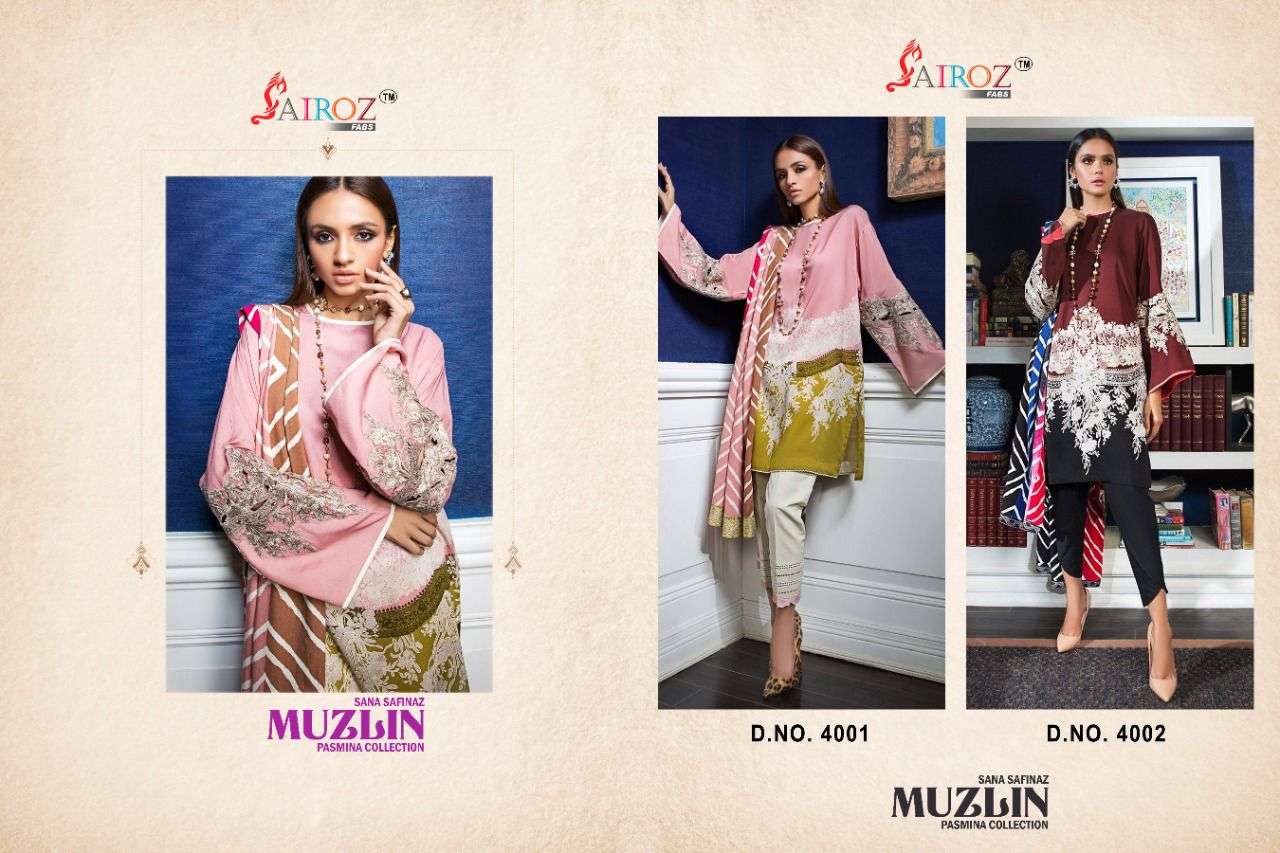 SANA SAFINAZ MUZLIN PASHMINA COLLECTION BY SAIROZ FABS 4001 TO 4002 SERIES PAKISTANI STYLISH BEAUTIFUL COLOURFUL PRINTED & EMBROIDERED PARTY WEAR & OCCASIONAL WEAR PASHMINA EMBROIDERED DRESSES AT WHOLESALE PRICE