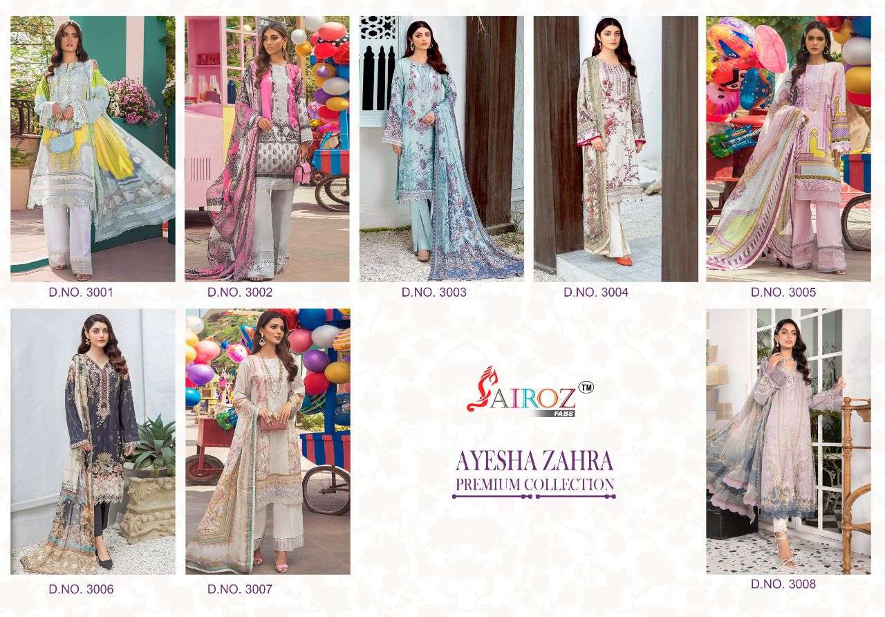 AYESHA ZAHRA PREMIUM COLLECTION BY SAIROZ FABS 3001 TO 3008 SERIES BEAUTIFUL SUITS STYLISH COLORFUL FANCY CASUAL WEAR & ETHNIC WEAR COTTON DIGITAL PRINT EMBROIDERED DRESSES AT WHOLESALE PRICE