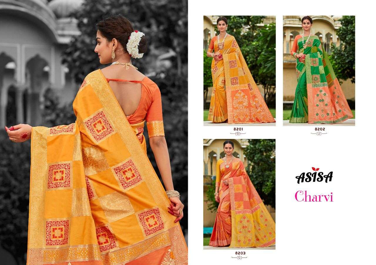 CHARVI BY ASISA 8201 TO 8203 SERIES INDIAN TRADITIONAL WEAR COLLECTION BEAUTIFUL STYLISH FANCY COLORFUL PARTY WEAR & OCCASIONAL WEAR BANARASI SILK SAREES AT WHOLESALE PRICE