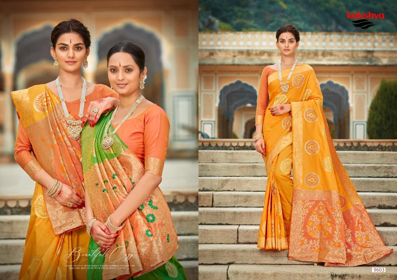 TAMANNA BY KAKSHYA 9601 TO 9603 SERIES INDIAN TRADITIONAL WEAR COLLECTION BEAUTIFUL STYLISH FANCY COLORFUL PARTY WEAR & OCCASIONAL WEAR BANARASI SILK SAREES AT WHOLESALE PRICE
