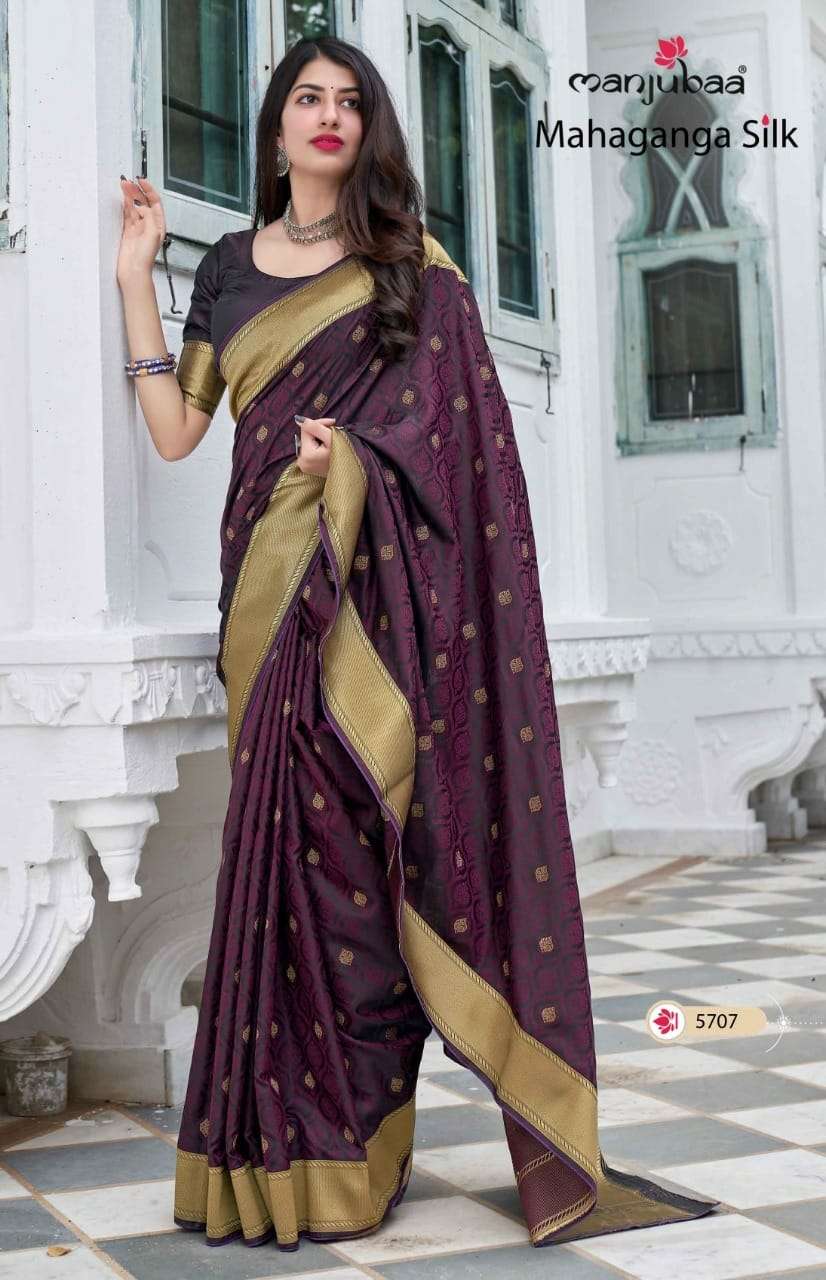 MAHAGANGA SILK BY MANJUBAA CLOTHING 5701 TO 5708 SERIES INDIAN TRADITIONAL WEAR COLLECTION BEAUTIFUL STYLISH FANCY COLORFUL PARTY WEAR & OCCASIONAL WEAR SILK SAREES AT WHOLESALE PRICE