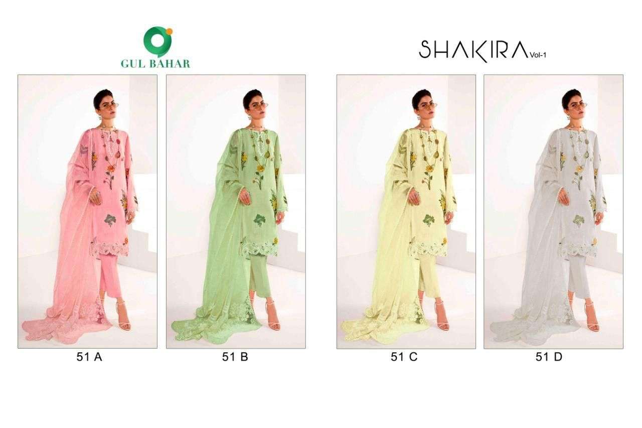 SHAKIRA VOL-1 BY GUL BAHAR 51-A TO 51-D SERIES BEAUTIFUL SUITS COLORFUL STYLISH FANCY CASUAL WEAR & ETHNIC WEAR FAUX GEORGETTE EMBROIDERED DRESSES AT WHOLESALE PRICE